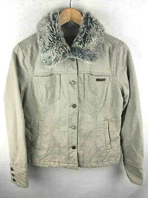 Buy CALVIN KLEIN Womens Jacket Medium Coat Denim Sherpa Slim Button Up Grey Stone • 18£