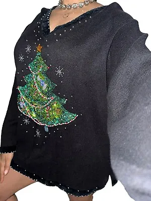 Buy Quacker Factory Christmas Tree Sweater Beaded Sequin Black Jeweled Plus 1X 18 • 37.64£