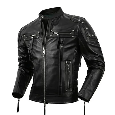 Buy Mens Winter Autumn Cowhide Leather Jackets Slim Fit MotorBiker Motorcycle Coats • 259.99£