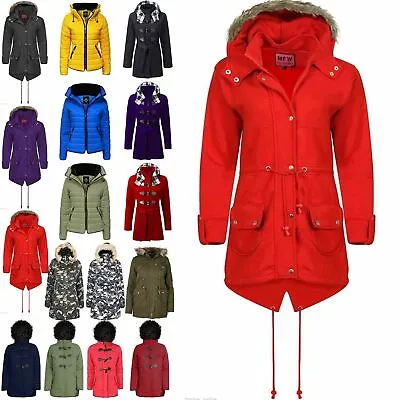 Buy Womens Ladies Fleece Faux Fur Hooded Zip Up Pocket Trench Fishtail Parka Jacket • 16.99£