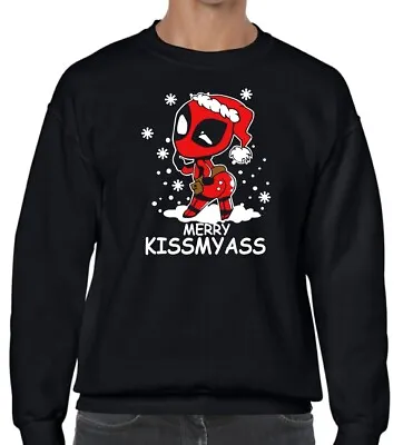 Buy Deadpool Merry Kiss My Ass Black Christmas Sweater, Unisex And Childrens. • 19.99£
