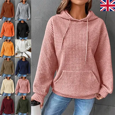 Buy Women Waffle Long Sleeve Hoodie Tops Lady Casual Baggy Plain Hooded Sweatshirt * • 8.39£