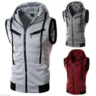 Buy Men Zipper Sleeveless Gillet Hoodies Hooded Vest Sweatshirt Jacket Waistcoat Top • 19.15£