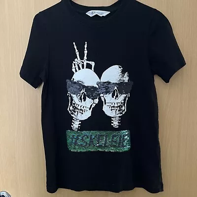 Buy Boys Sequin Interactive Skeleton Selfie Black T-shirt H&M 8-10 Years Halloween • 2.50£