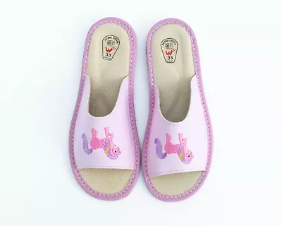 Buy Kids Girls Real Leather Slippers Sandals Home Shoes Kapcie Unicorn Ponny Pink • 7£