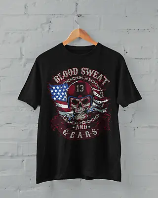 Buy Biker T Shirt Blood Sweat And Gears Skull American Flag Design Motorcyle Gift • 9.77£