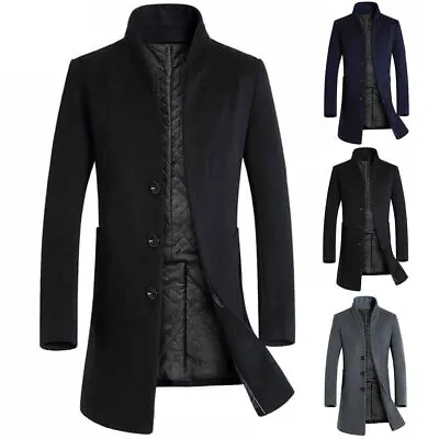 Buy Men Jacket Winter Warm Coat Stand-Up Collar Long Slim Fit Casual Woolen Overcoat • 39.47£