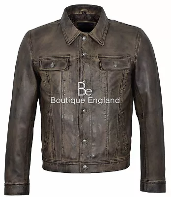 Buy Mens Truckers Classic Leather Jacket Dirty Brown Collared Casual Denim Look 1280 • 119.99£
