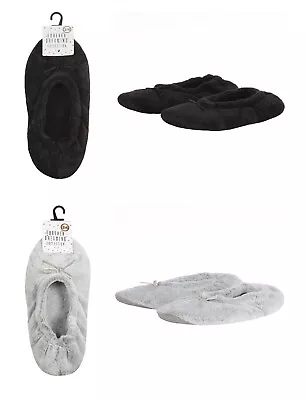 Buy Ladies Soft Faux Fur Bow Front Ballet Slippers With Cushioned Sole - Black Grey • 10.99£