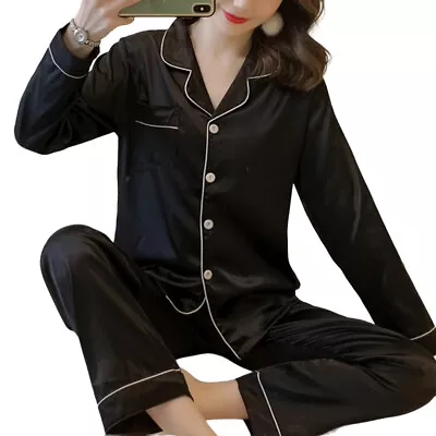 Buy Women Ladies Plain Silky Satin Pyjamas Silk PJ'S Sleepwear Long Sleeve Nightwear • 10.29£