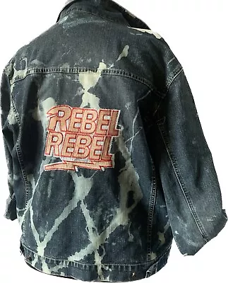 Buy Vtg Dark Blue Rebel Denim Jacket Embroidered Distressed Bleach, Punk 90s Grunge • 22£