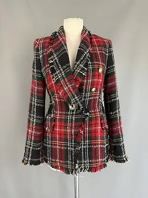 Buy Zara Red Tartan Double Breasted Tweed Boucle Textured Plaid Blazer Jacket Small • 34£