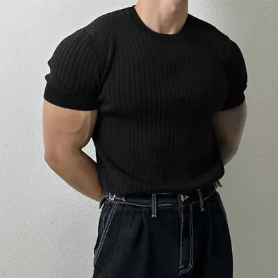 Buy INCERUN Mens Rib-Knit Short Sleeve Solid T-Shirt Casual Loose Tops Shirt Blouse • 13.29£