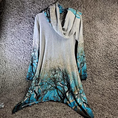 Buy DressFo Dress Womens Sz 6 Tree Print Long Sleeve Blue Gray Hanky Hem Hoodie  • 23.15£