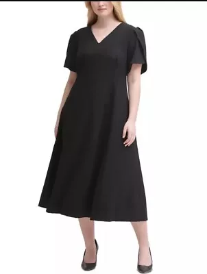 Buy Calvin Klein Black Crepe V-Neck Work Funeral Formal Midi Dress Plus 16W NWT $100 • 47.36£
