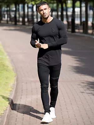 Buy BBH Mens Gym T Shirt Longline Slim Muscle Fit Long Sleeve Plain Curved Hem Tee • 14.99£