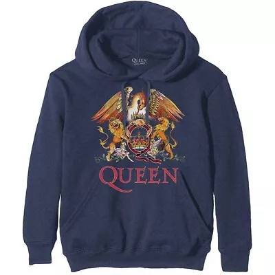 Buy Queen 'Classic Crest' Navy Blue Pullover Hoodie - NEW OFFICIAL • 29.99£
