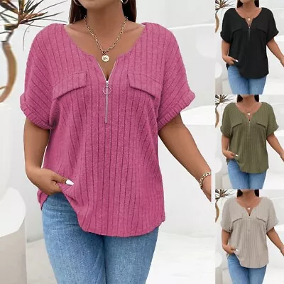 Buy Plus Size Womens Ribbed V Neck Tunic Tops Tee Short Sleeve T Shirt Blouse Shirt • 11.89£