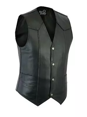 Buy Mens Genuine Black Leather Classic Motorcycle Biker Style Waistcoat Vest Plain • 29.95£