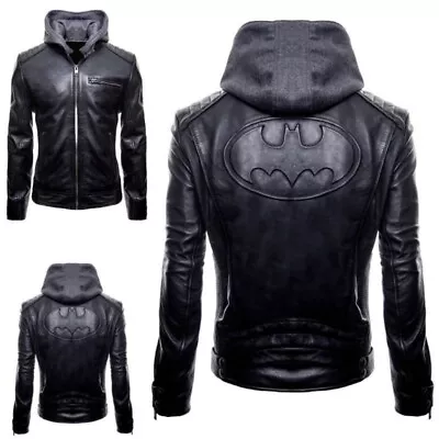 Buy Men's New Batman Logo Hoodie Biker Genuine Real Leather Motorcycle Jacket • 99.99£