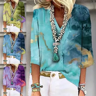 Buy Womens 3/4 Sleeve Tie Dye Shirt Ladies Casual Baggy V Neck T Shirt Tops Blouse • 14.92£
