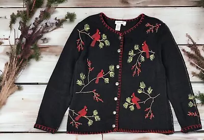 Buy VTG Coldwater Creek Sweater Cardigan L Black Knit Button Up Winter Cardinal Bird • 28.81£