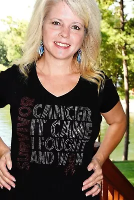 Buy Black Rhinestone Bling  Breast Cancer Survivor Short Sleeve Shirt Size Small • 18.94£