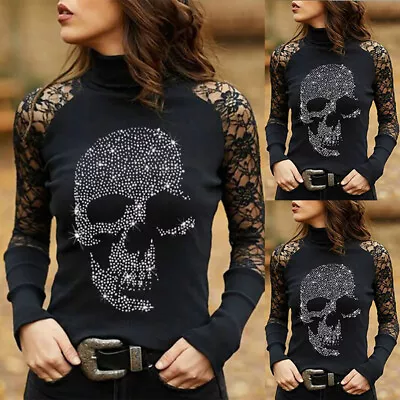 Buy Womens Halloween Gothic Skull Blouse Steampunk Turtle Neck Lace Sleeve Tee Tops • 11.89£