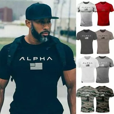 Buy Alpha Men's Gym T-Shirt Bodybuilding Fitness Training Workout Muscle Top Tee Hot • 15.88£