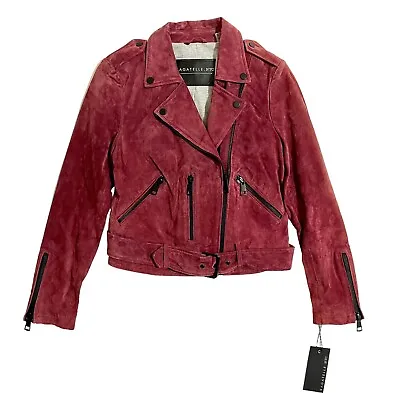 Buy Bagatelle Berry Red Suede Leather Moto Jacket Zip Cropped SZ M NWT Defect • 89.96£