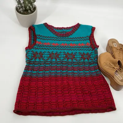 Buy Vintage Retro Hand Knit Nordic Nerdy 70s Grannycore Sweater Vest Multi Medium • 36.39£