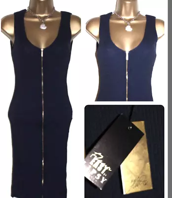 Buy Lipsy Navy Zip Front Knitted Bodycon Midi Dress 10 Jumper Ribbed Knit Sexy • 33£