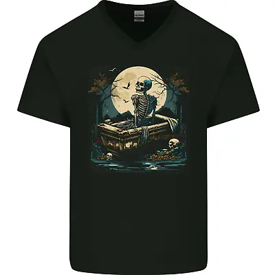 Buy A Skeleton & Coffin In A Graveyard Halloween Mens V-Neck Cotton T-Shirt • 8.99£