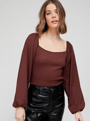 Buy V By Very Square Neck Volume Sleeve Crinkle Blouse T Shirt Top Brown UK Size 24 • 14.99£