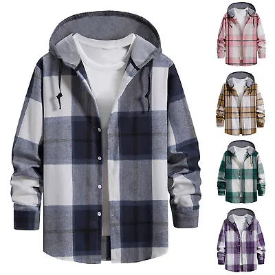 Buy Men's Plaid Hoodie Flannel Shirt Jacket Long Sleeve Casual Fashion Button Shirts • 21.47£