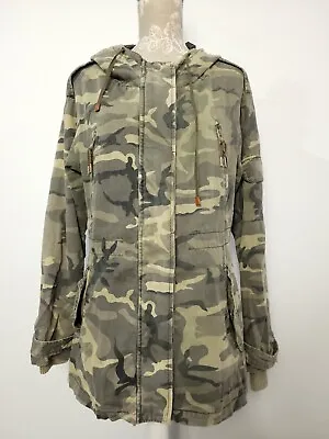 Buy Womens Zara Jacket Size Small Hooded Camo Cargo Full Zip Khaki Military Denim • 16.99£