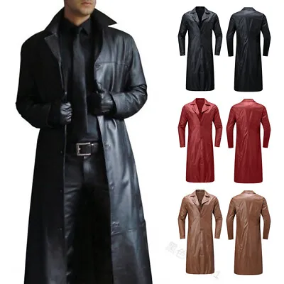 Buy Retro Mens Faux Leather Trench Coat Long Coat Full Length Overcoat Winter Jacket • 16.99£