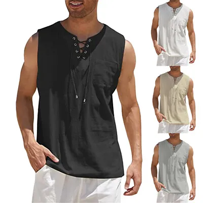 Buy Men's Sleeveless Vest Lace Up Shirts V-neck Loose Fitting T-Shirt Casual Tops • 9.25£