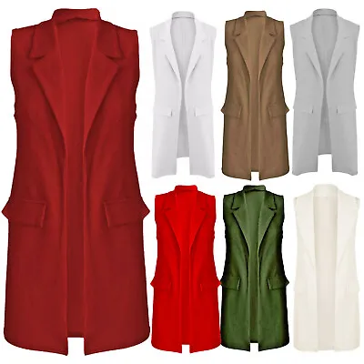 Buy Ladies Womans Sleeveless Plus Size Crepe Open Long Waistcoat Pocket Top Jacket  • 8.73£