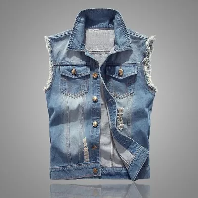 Buy Men Jean Vest Jacket Sleeveless Ripped Denim Waistcoat Trucker Coat Distress UK • 25.04£