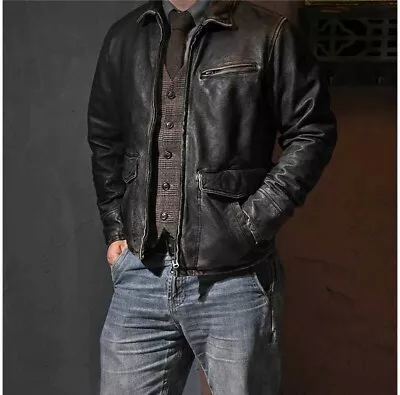 Buy Mens Motorcycle Biker Vintage Cafe Racer Distressed Black Real Leather Jacket • 87.30£