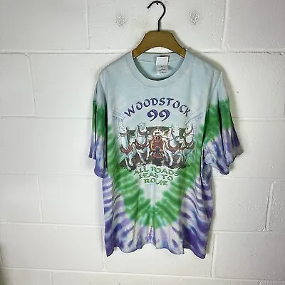 Buy Vintage Woodstock Shirt Mens Extra Large Blue 1999 Rome New York Festival 90s • 59.95£