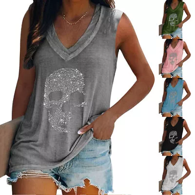 Buy Womens Summer Skull Vest Tank Ladies Sleeveless V Neck T Shirt Tops Blouse • 2.79£