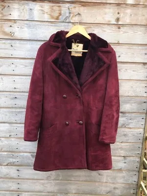 Buy Vintage David Conrad Sheep Skin Coat Jacket Suede Dark Red 70's Retro Size 10/12 • 70£