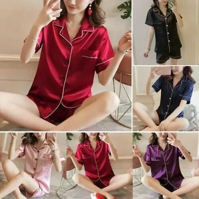 Buy Ladies Satin Silk Pyjamas Nightwear PJs Set Women Short Sleeve Button Sleepwear • 7.99£