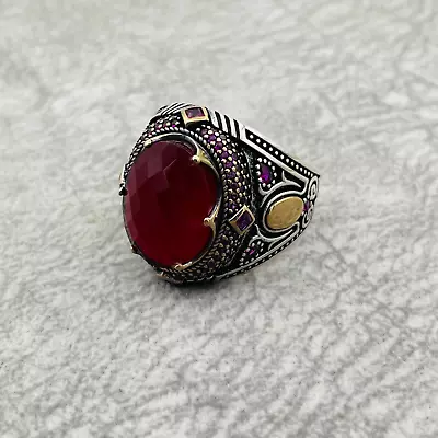 Buy Men's Ottoman Authentic Special Design 925 Sterling Silver Ring Simulated Ruby • 45.36£