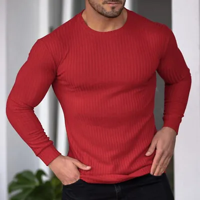 Buy Men's Casual Long Sleeve Ribbed T-shirt Solid Color Stretch Pullover Muscle🔺Top • 17.39£