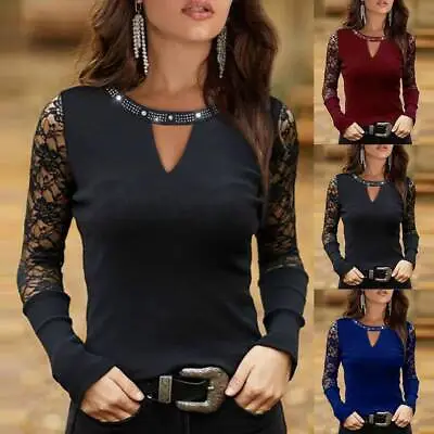 Buy Women Sexy Gothic Lace V Neck Tops Long Sleeve Party T-Shirt Blouse Size 8-16 • 2.89£