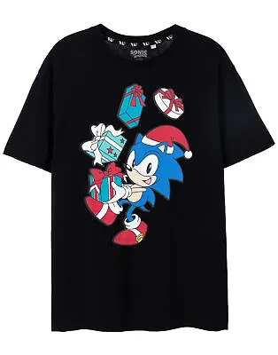 Buy Sonic The Hedgehog Christmas Mens T-Shirt Black Short Sleeved Xmas Presents Tee • 16.95£