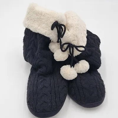 Buy House Shoe Booties Black Cable Knit Slippers White Pom Poms Size Medium 7-8 • 17.01£